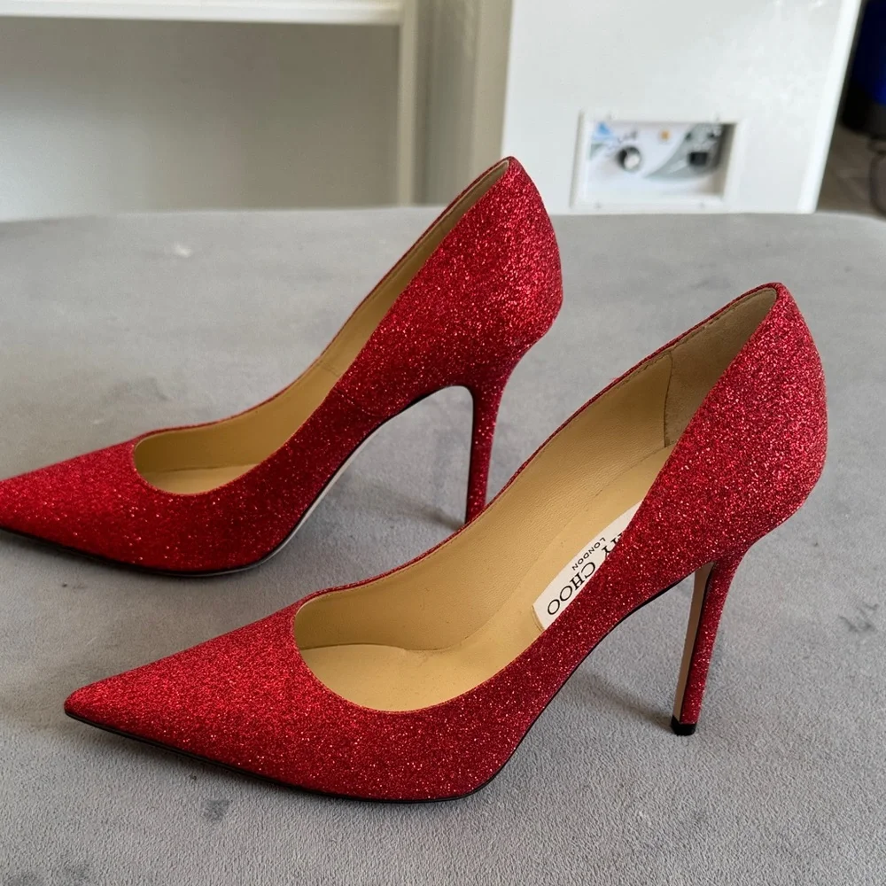 Jimmy Choo Red Glitter Pointed-Toe Stiletto Pumps - Picture 2 of 5